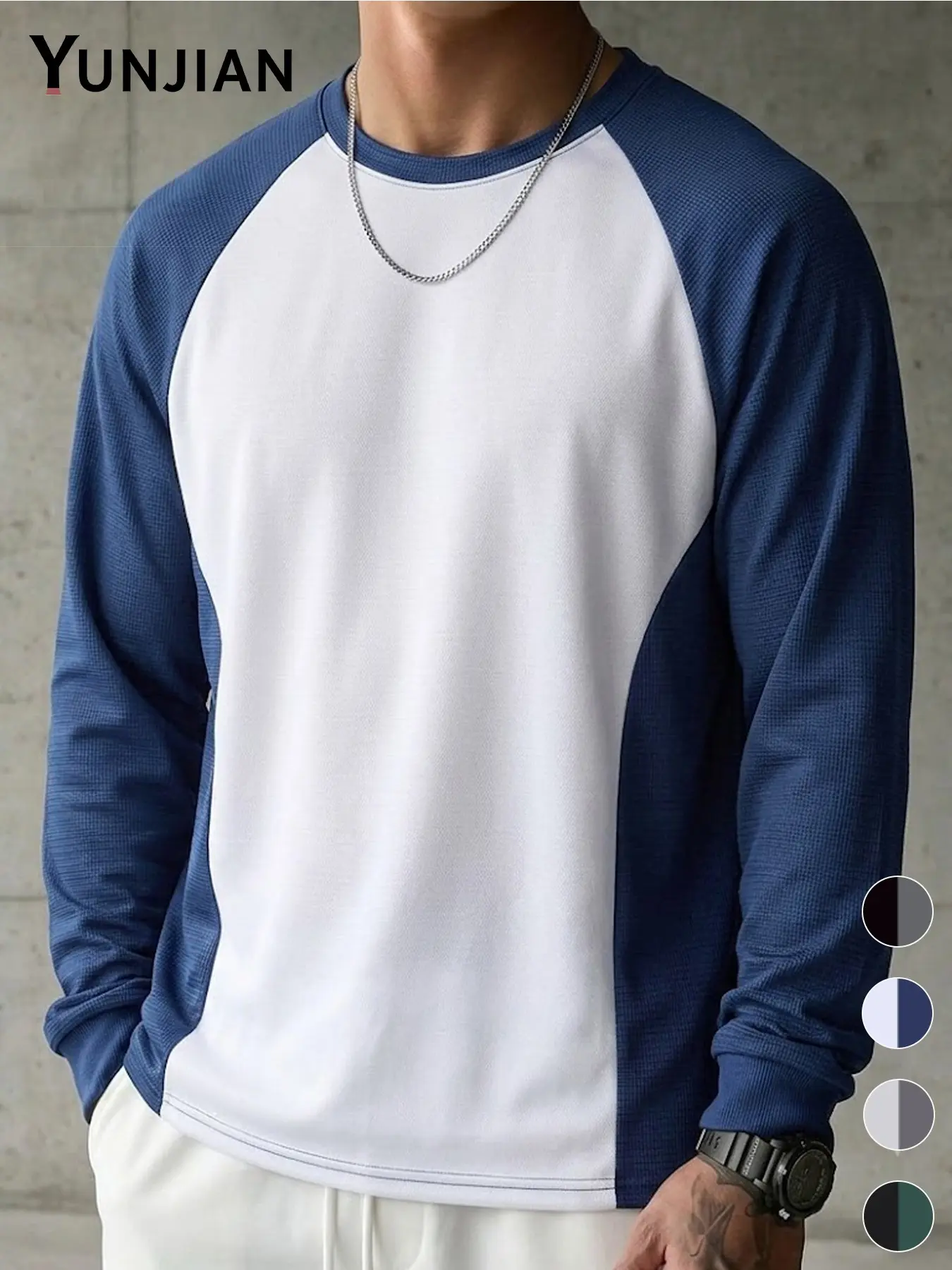 Men's Waffle Long Sleeve T-Shirt, Colorblock Raglan Sleeve Round Neck Top, Breathable Soft Stretch, Casual Sporty Style, Fall & Winter Wear