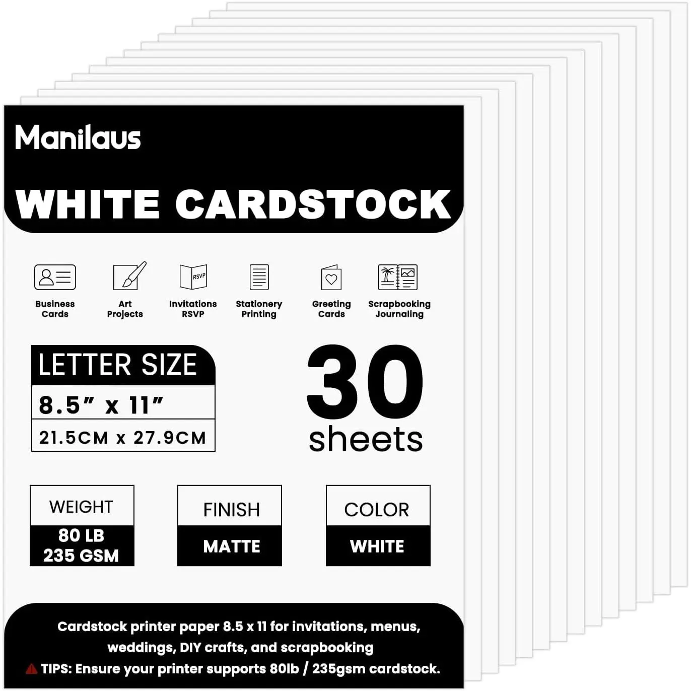 White Cardstock 8.5 x 11, Heavy 80 lb Card Stock Paper, 30 Sheets. | Thick Cardstock Printer Paper 8.5x11, White Card Stock for School, Classroom Crafts, Invitations, Card Making & Scrapbooking