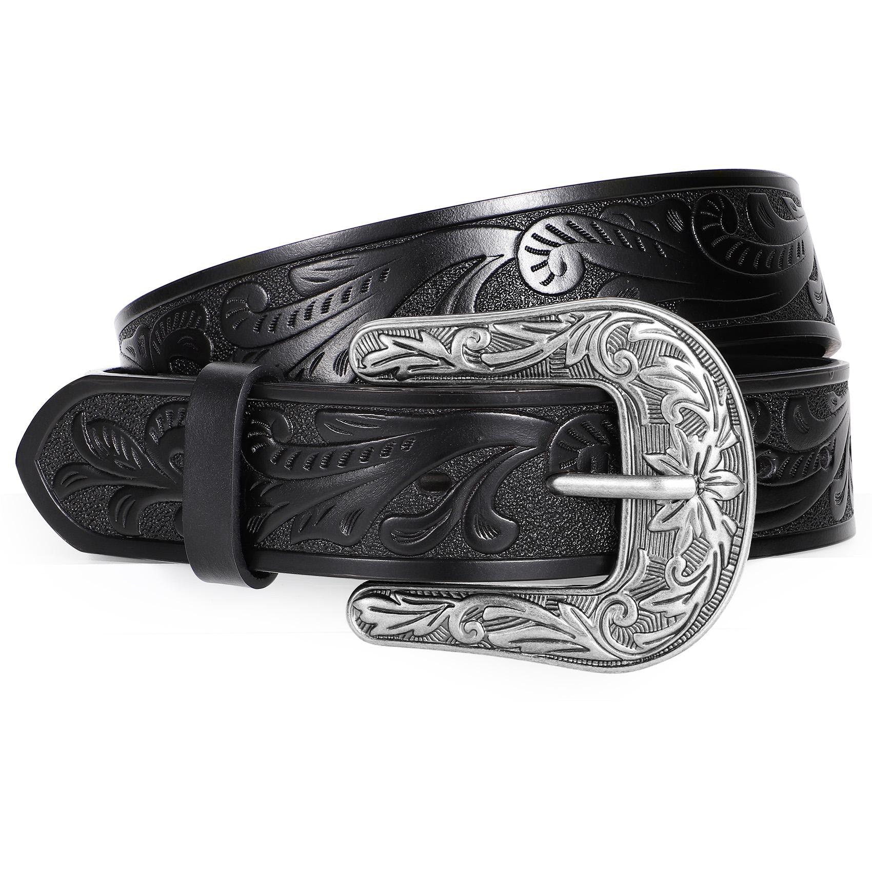 XZQTIVE Western Belts for Women Men Cowboy Cowgirl Floral Engraved Leather Belt Strap Vintage Embossed Buckle Waist Casual  Black Belt