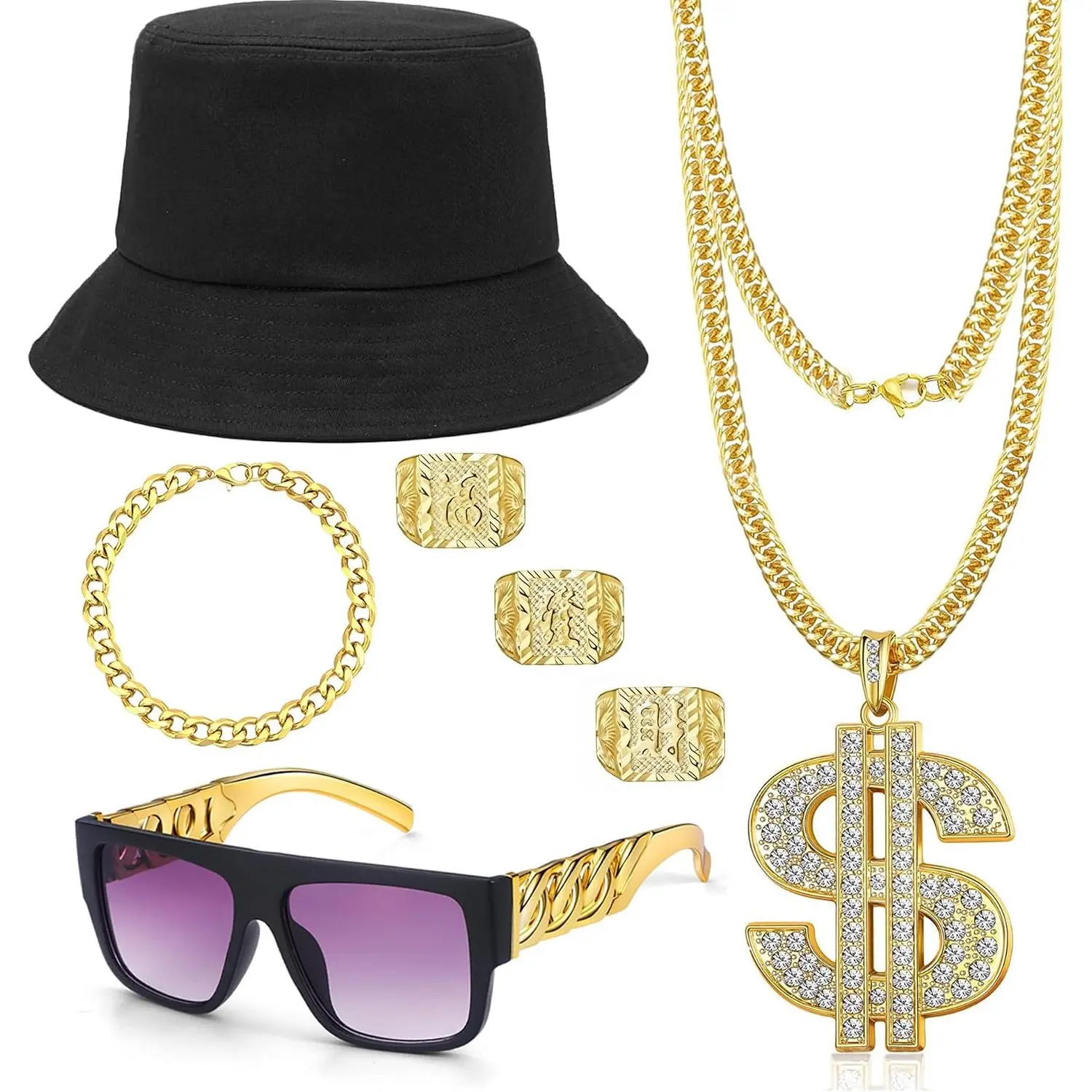 Hip Hop Costume Kit 80s 90s Rapper Accessories| Rapper Costumes Outfit Kit for Men Women Fake Gold Chain Necklace Dollar Sign Jewelry