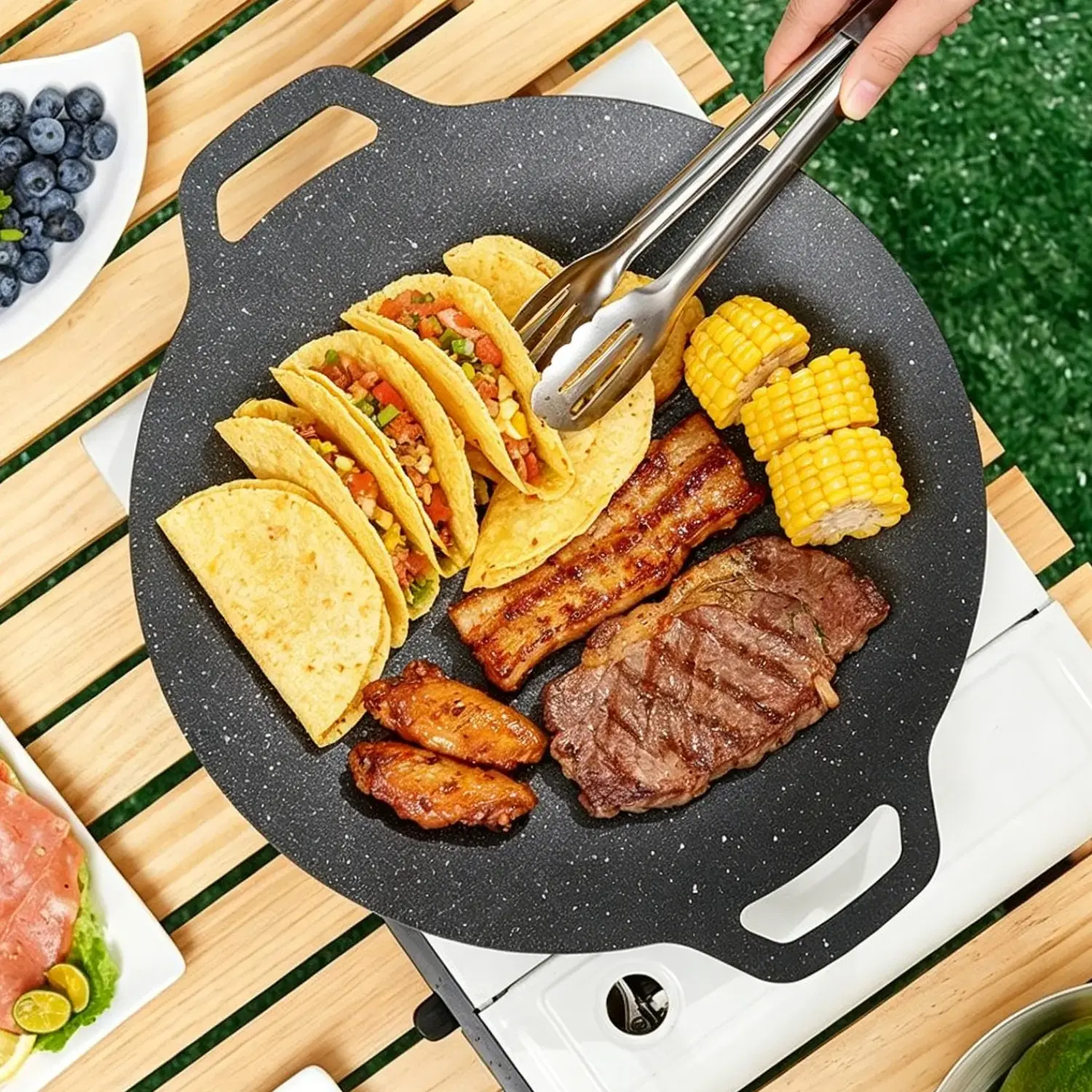 39cm Non-Stick Round Griddle Pan, Iron Pan, Comal Skillet for Tortillas, Meat and Vegetables, Compatible with Grill, Induction and Stovetop, Ideal for Camping, Backyard BBQ and Carne Asada.