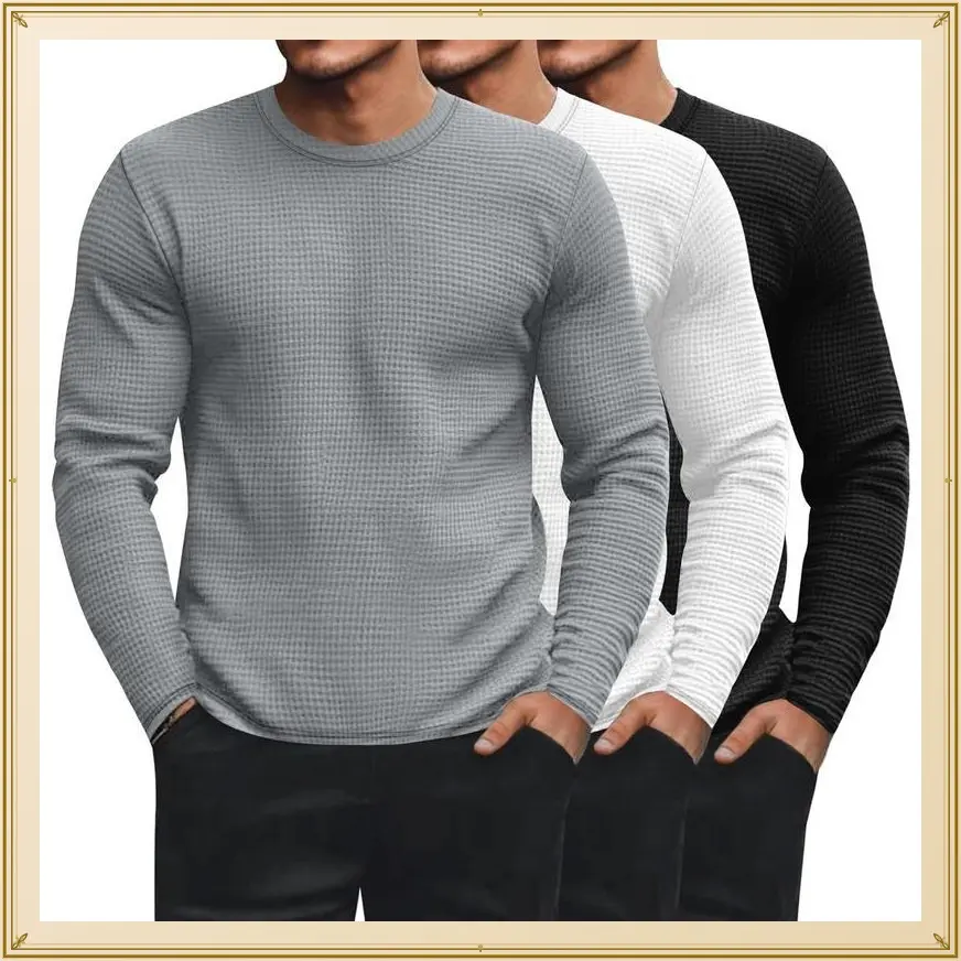 Men's Waffle Long Sleeve Shirts, Crew Neck Thermal Underwear Tops Casual Pullover Sweaters Knit Undershirts Menswear Crewneck Plain