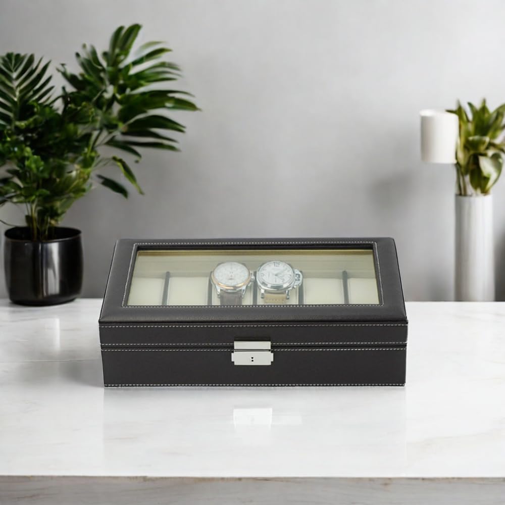 Chocolate Brown Leatherette Men's Watch Box Display Case Collection Jewelry Box Storage Glass Top Father's Day