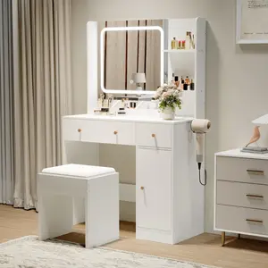 Garvee Vanity Table with Lights and Mirror Featuring Makeup Vanity with Power Strip, USB Charging, Hair Dryer Holder, Storage Drawers, Shelves, and Stool for Bedroom Organization and Convenience