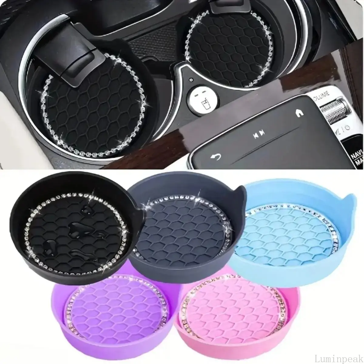 2-Pack Bling Rhinestone Car Cup Coasters, Non-Slip Rubber Round Cup Mats, Stylish Universal Auto Interior Decor Accessories For All Car Cup Holders | summerwins