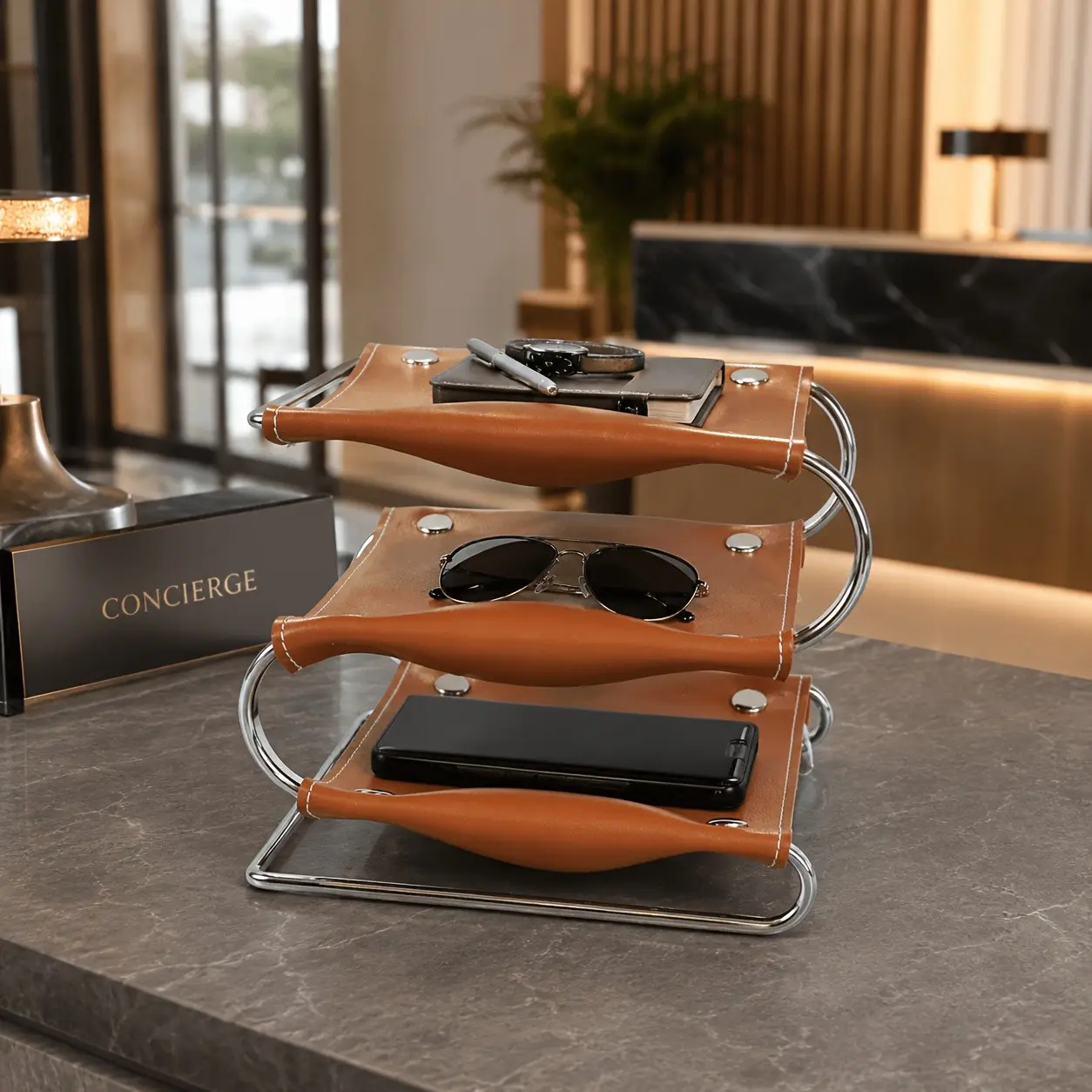 Three-Tier PU Leather Storage Tray with Stainless Steel Stand, Desktop Organizer for Phone, Watch, Pen, Remote, Tablet, Office & Home Decor