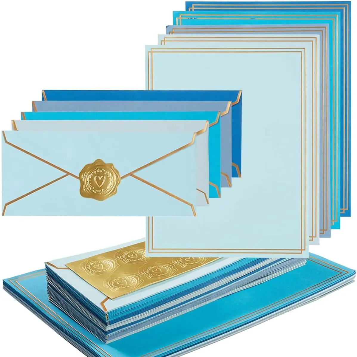 50-Pack 5-Color Synthetic Letter Set, 8.5x11 In Paper Sheets, #10 Size Business Envelopes, Border Detailing, Stickers for Letter Writing, Invitations (Blue)