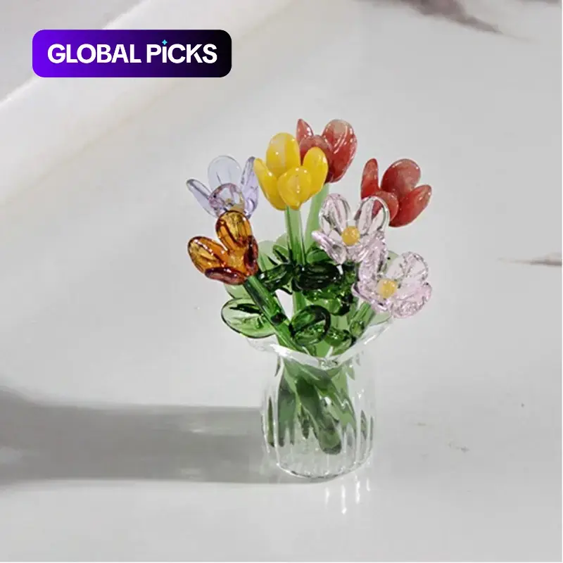1 Set (8 Flowers + 1 Vase) Handcrafted Mini Glass Artificial Flower Ornaments, DIY Faux Flower Arrangement Bouquet, Decorative Mixed Flower Set for Gifting and Event Decorations, Faux Floral Decor, Artificial Flower Bouquets
