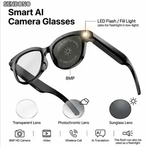 SENBONO HD Smart Glasses, Smart Sunglasses With Camera, Portable Sports Eyewear for Video Recording, Take photos, Real-Time Translation, Wireless Calling, Music Playback and Voice Assistant Suitable for Home, Travel & Outdoor Sports (Free lenses included)