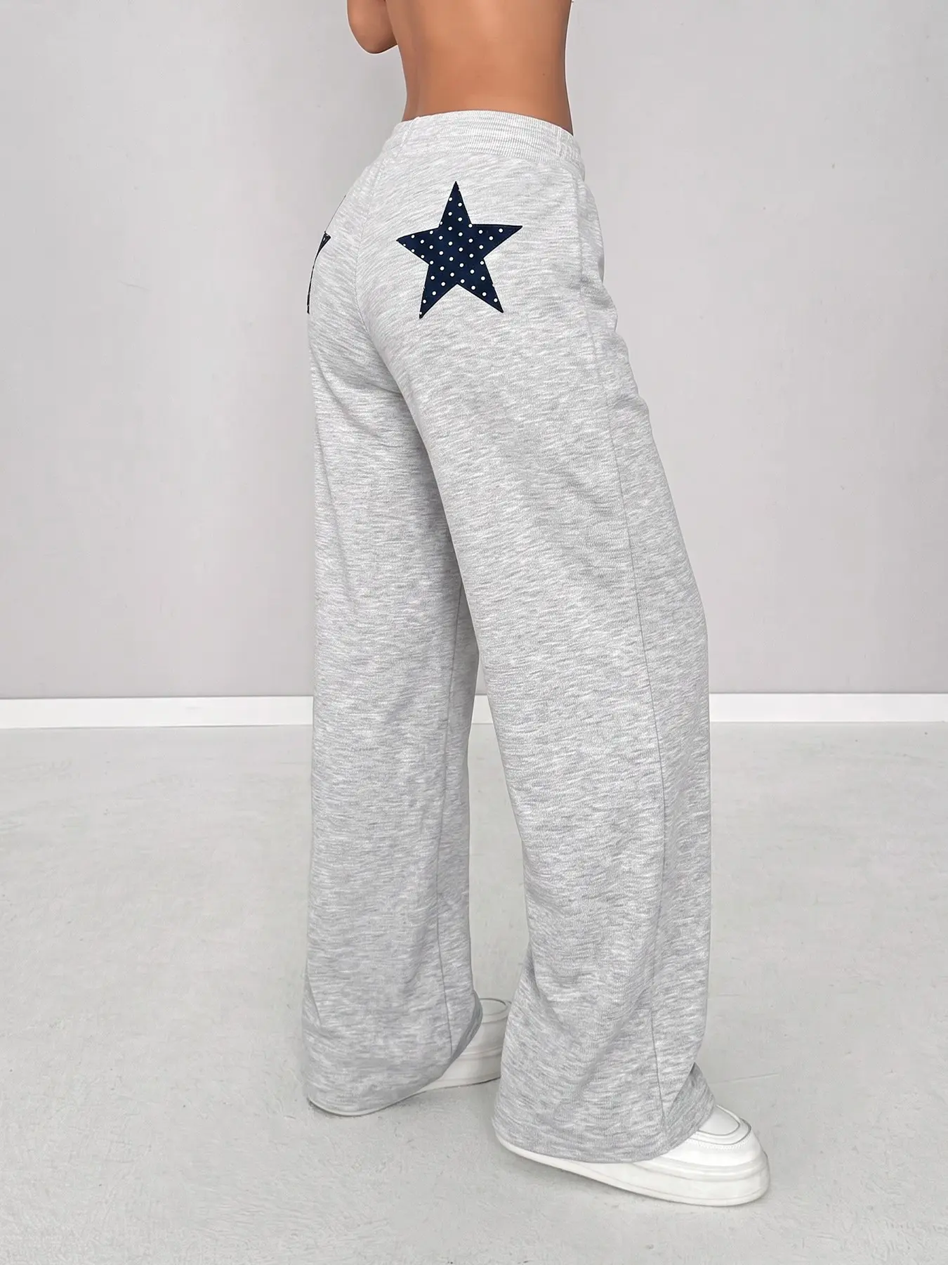 Heather Grey Adjustable, Drawstring Waist Loose Wide Leg Sweatpants Back Polka Dots Star Graphic Patch Track Pants for Women Elastic Full Length Casual Daily Streetwear Lounge #heathergreystarpants