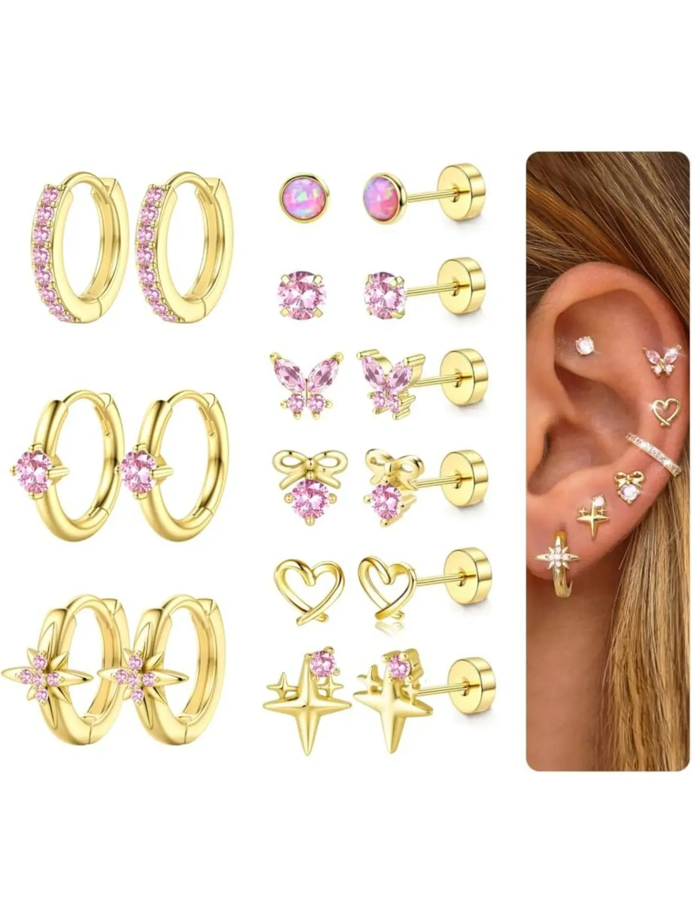 Hypoallergenic Flat Back Earrings for Women Men Surgical Steel Earring for Sensitive Ears, 14K Gold Plated Stainless Steel Flatback Stud Hoop Cartilage Earring Stacks for Multiple Piercing, Stackable Earrings