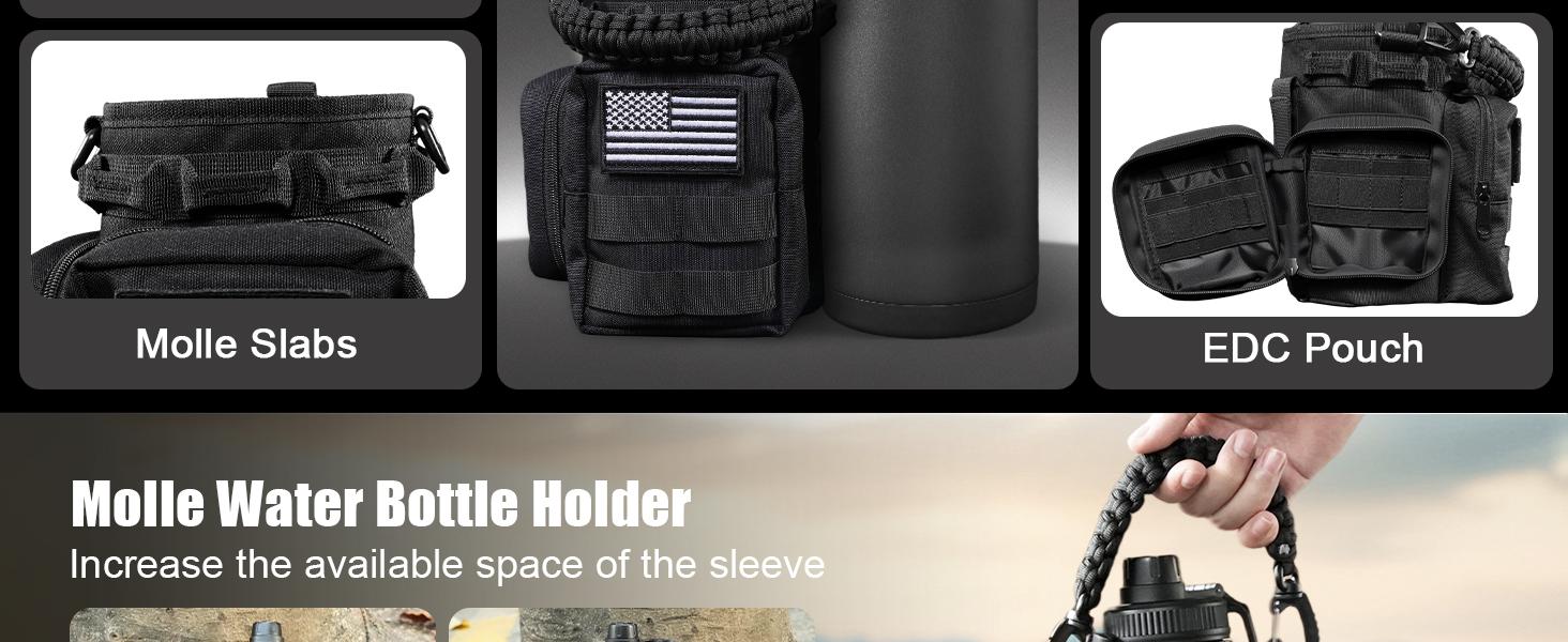 Tactical Half Gallon Water Bottle with Straw, 64 Oz Insulated Water Jug with Molle Water Bottle Holder, Stainless Steel Sport Bottle with 3 Lids for Gym Workout Hiking (Black)
