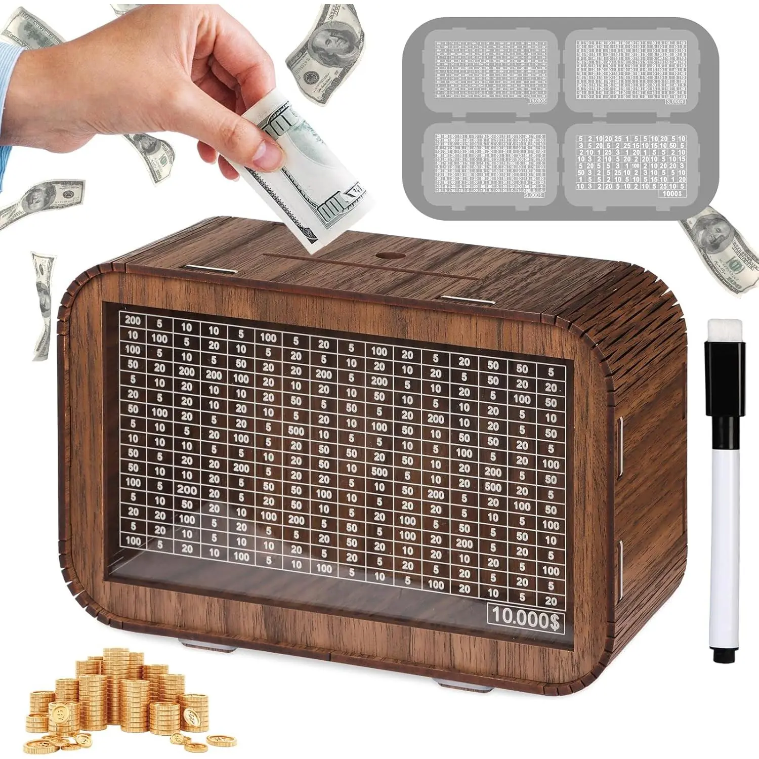 4-in-1 Piggy Bank for Adults - Fully Assembled Wooden Money Saving Challenge Box($1000/$3000/$5000/$10000) - Money Bank with Counter and Dry Erase Pen - Money Box for Cash Coin - Best Gifts
