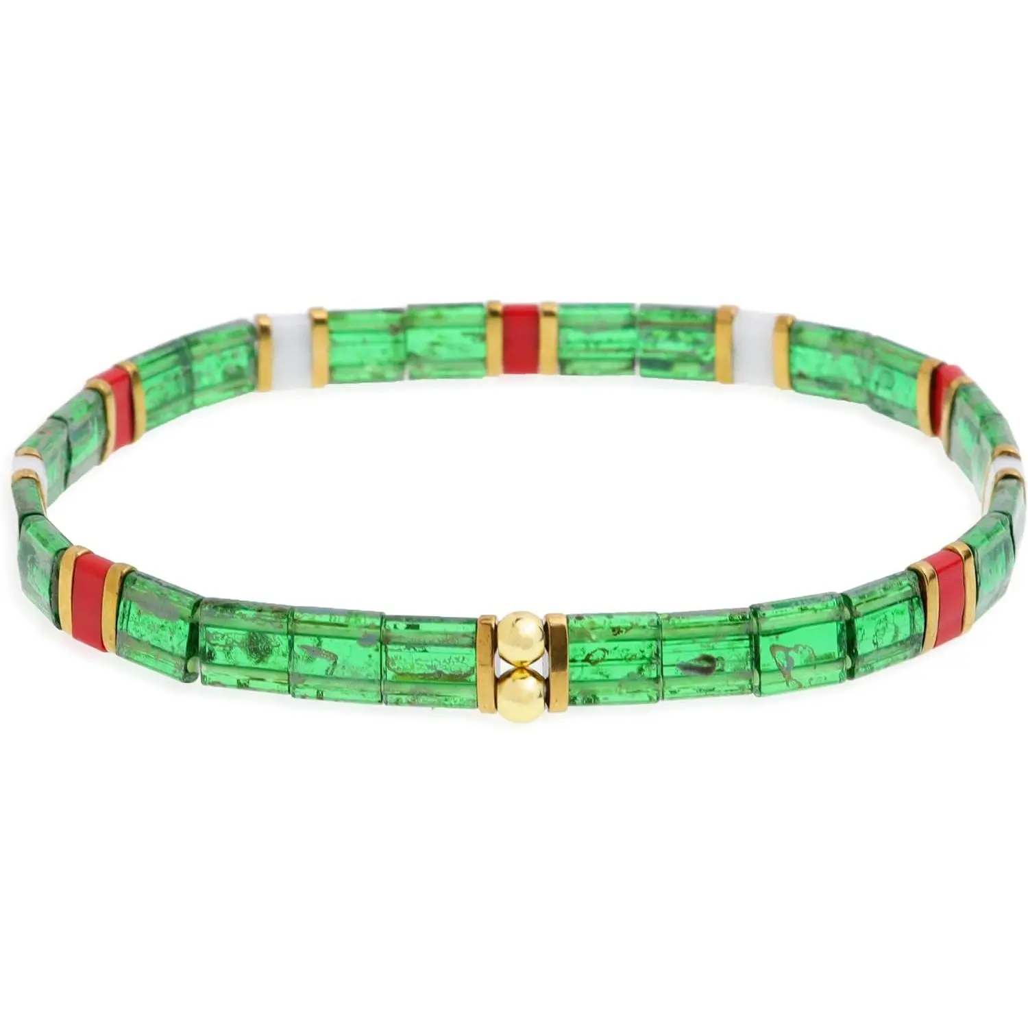 Christmas Tila Flat Beaded Bracelets for Women, Trendy Stack Red Green Beads Stretch Bracelet Outfit Accessories  Gifts.