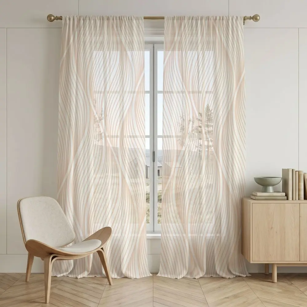 2 Piece Wave Print Sheer Curtains, Rod Pocket Semi-Transparent Window Screens, Boho Style for Bedroom Living Room, Versatile Home Decor