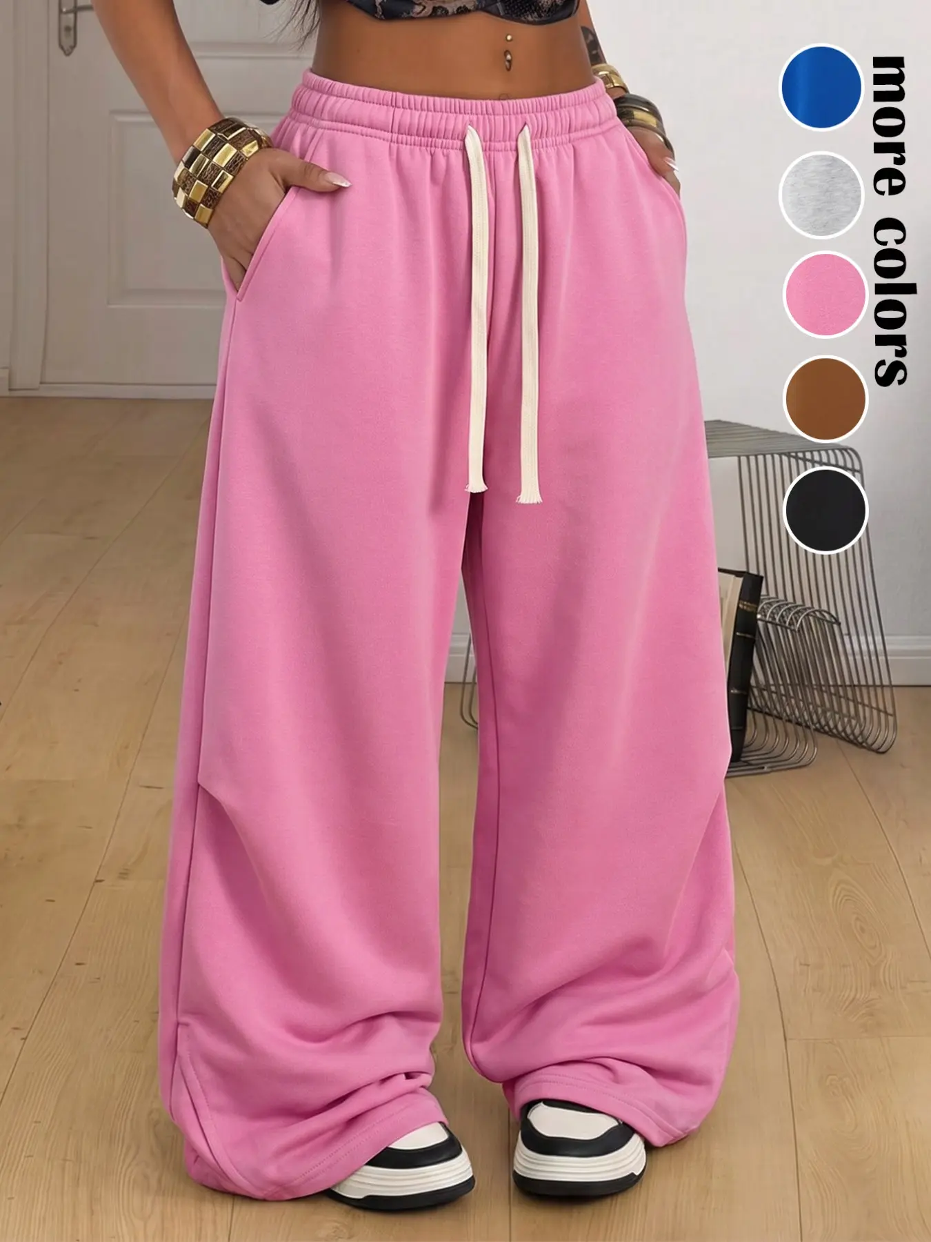 Men's Flowy Wide Leg Sweatpants, Korean Urban Casual Style, 100% Polyester, Elastic Waist, Split Legs, Perfect for Shopping & Outdoors