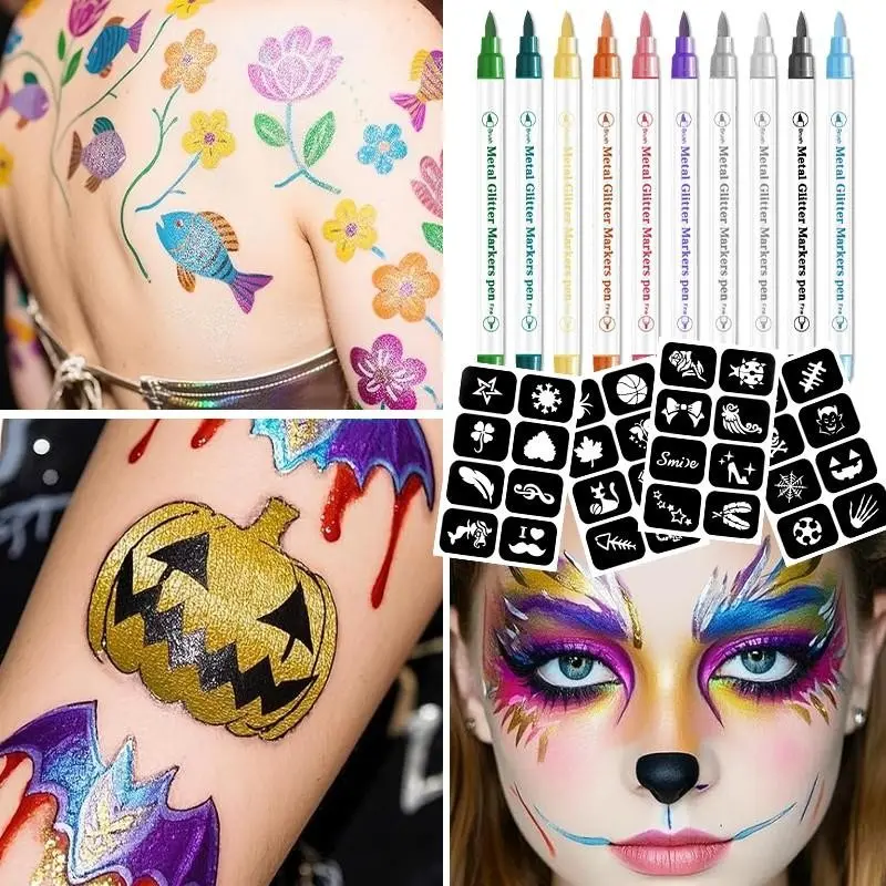 10 Color Glitter Tattoo Kit + 4 Creative Templates, DIY Temporary Tattoo Tools, Easy to Use, Perfect for Parties and Events