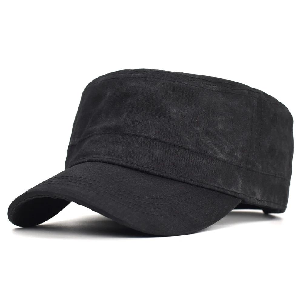 Waxed Canvas Cotton Military Caps Men Waterproof Cadet Army Cap Unique Design Vintage Flat Top Hat