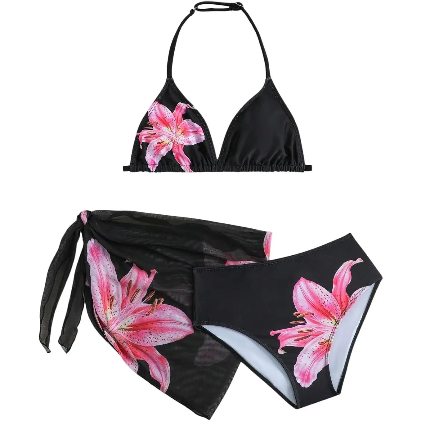 RoseSeek Girl's 3 Piece Swimsuits Floral High Waisted Bikini Bathing Suit | With Mesh Coverups Skirt, Girls Bikini, Teen Bikini, Girls Swimsuit, Cute, Triangle, Halter