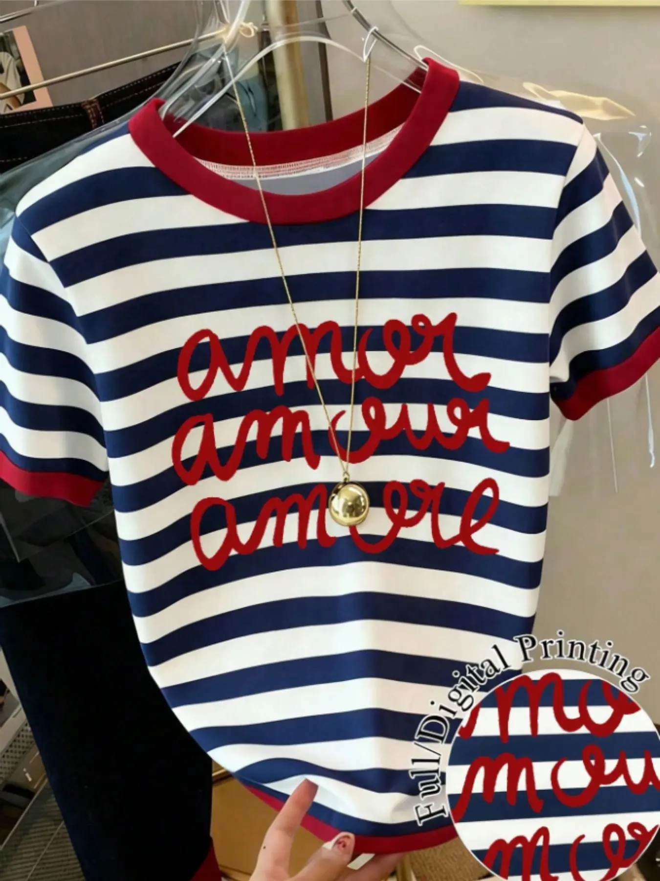 Women's Blue Striped Print Round Neck Short Sleeve T-Shirt, Casual Loose-Fitting H-Type, All Seasons Fashion Top