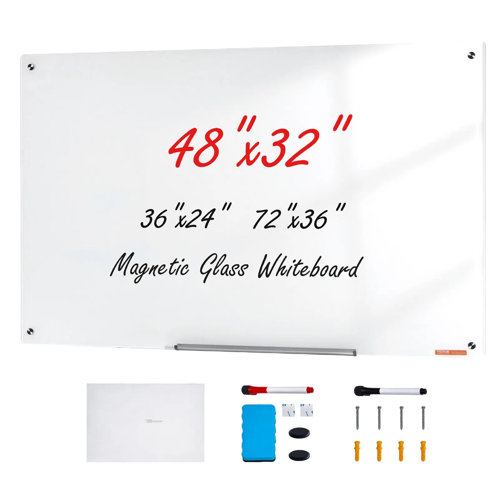 【DealsForYouDays】VEVOR Magnetic Glass Whiteboard, Dry Erase Board 48"x32", Wall-Mounted Large White Glassboard Frameless, with Marker Tray, an Eraser and 2 Markers, White