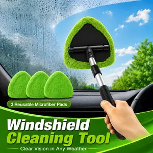 Car Windshield Cleaner Tool with Extendable Handle, Auto Glass Cleaning Wand with 4 Reusable Microfiber Pads, Interior Windshield Cleaner for Cars, SUVs, Trucks