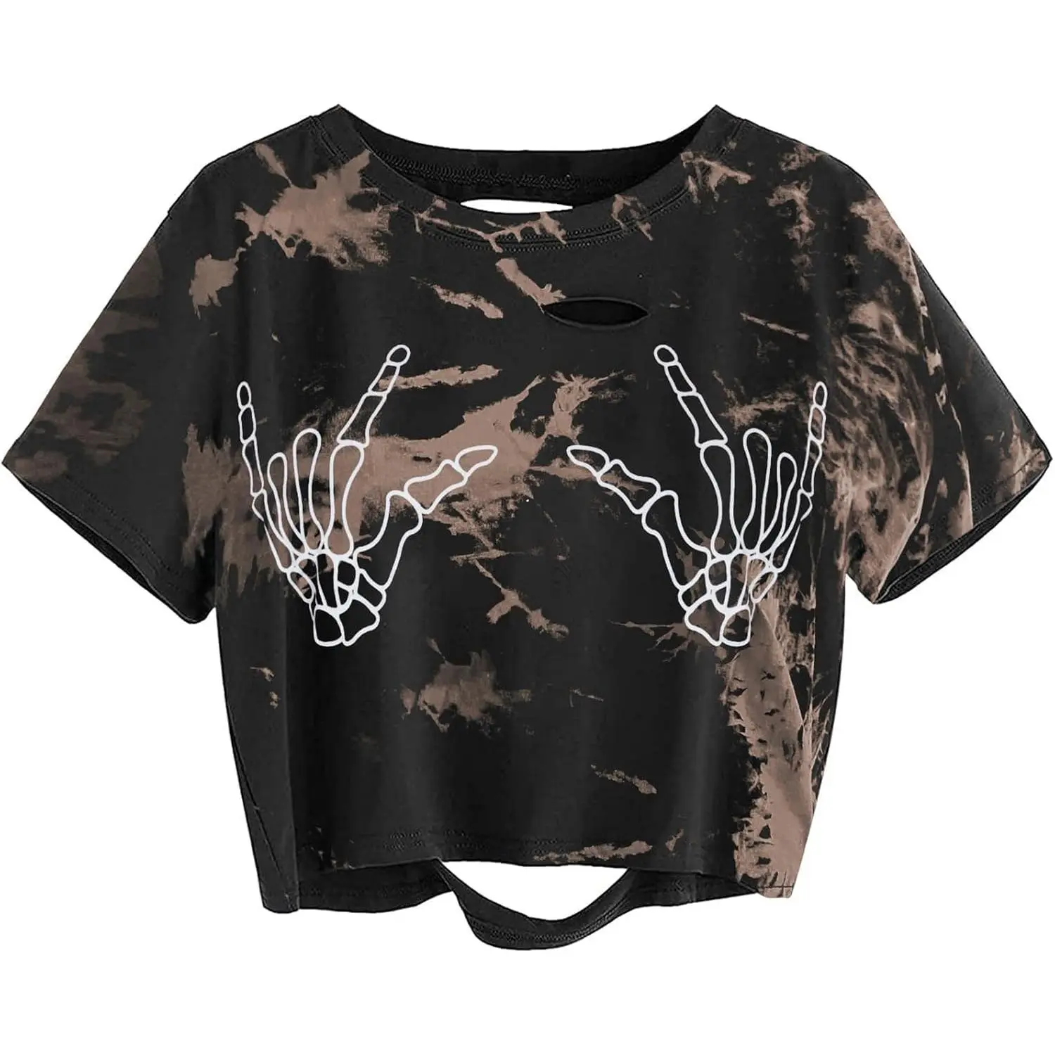 Women's Skull Finger Graphic Distressed Cotton Crop Top, Soft Short-Sleeve Ripped Tee, Everyday Casual Fashion Crop Tops for Women, Shortsleeve, Relaxed Fit, Elastane, Crew Neck, Comfortable, Style, Streetwear, Bold Skull Graphic