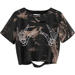 Women Skull Finger Graphic Distressed Tee Shirt Ripped Short Sleeve Crop Tops