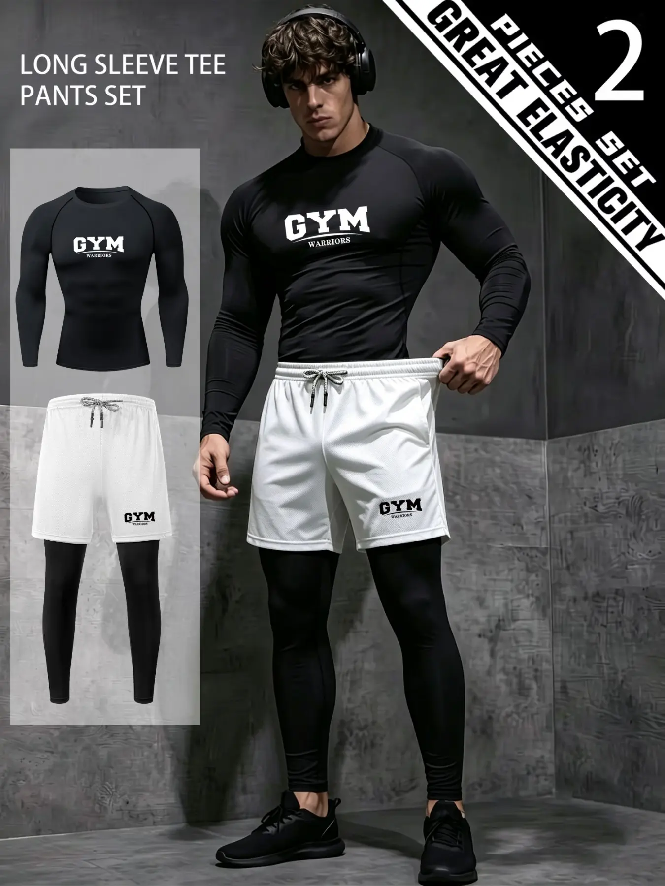 Men's Fitted Workout Top & Two-In-One Sport Pants, Casual Athletic Set, Adjustable Drawstring Waist, Soft Touch, All Seasons