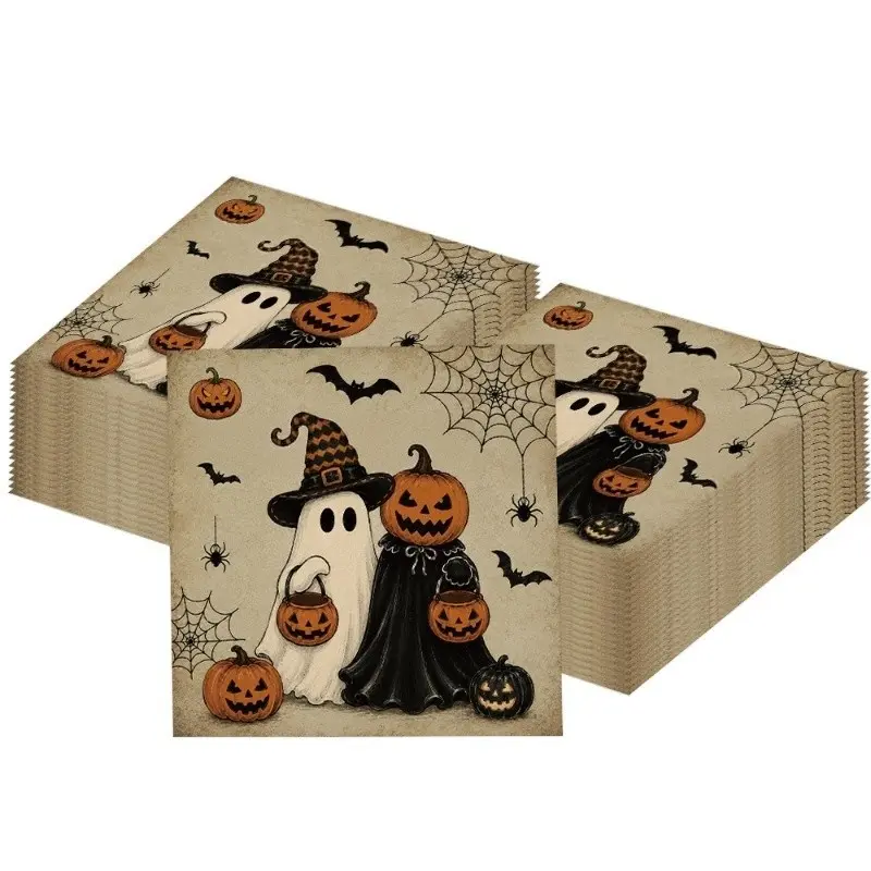 20pcs Halloween Vintage Napkins, Disposable Double Layered Napkins, Witch Ghost Pumpkin Table Decor, Festival Dining Paper, Party Kitchen Restaurant Decoration