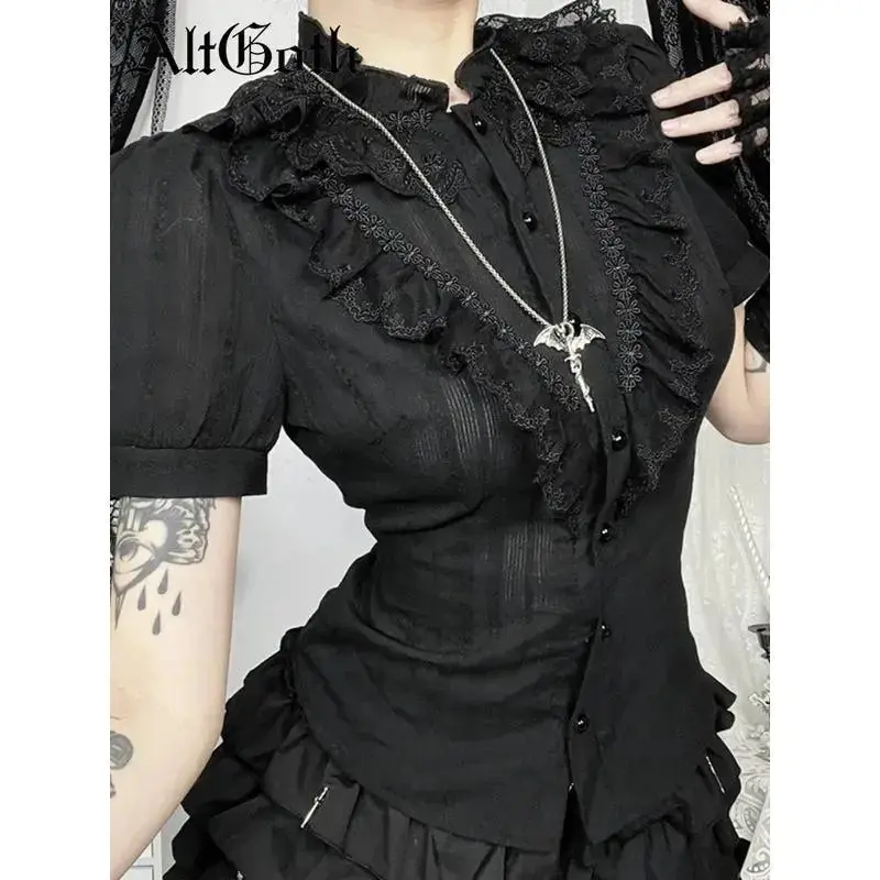 Gothic Shirt for Women, Dark Court Style Streetwear, Jacquard Textured Top, Puff Sleeve Lace Patchwork Shirt
