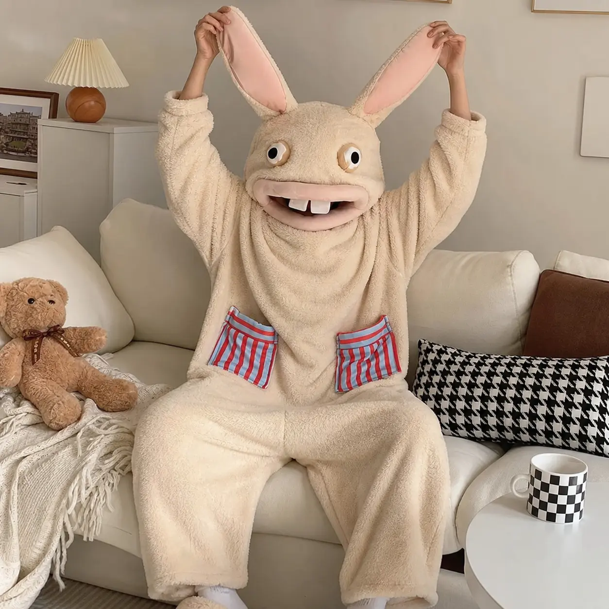 Women's Oversized Long Sleeve Fleece Rabbit Onesie Pajama Set, Cozy Warm Flannel Cartoon Bunny Loungewear, Thick Winter Pyjamas Jumpsuit for Halloween, Xmas Party, Lady