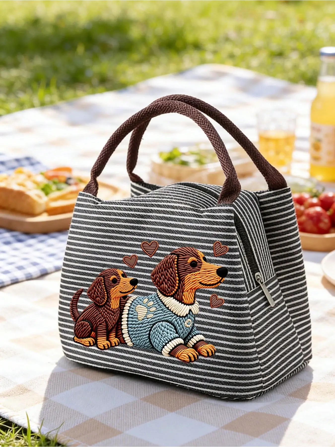 Dachshund Print Insulated Lunch Bag for Women Pet Lovers, Large Capacity Portable Cooler Tote with Matching Black Cutlery Pouch, Multi-use Thermal Bag for School Office Picnic Camping Travel