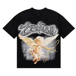 Angel Print Graphic Tee, trendy 2025 streetwear for men and women. Soft cotton crew neck short sleeve top with unique emotion-themed design, moisture wicking and comfortable to wear. Versatile as casual daily wear, undershirt and stylish novelty tee.