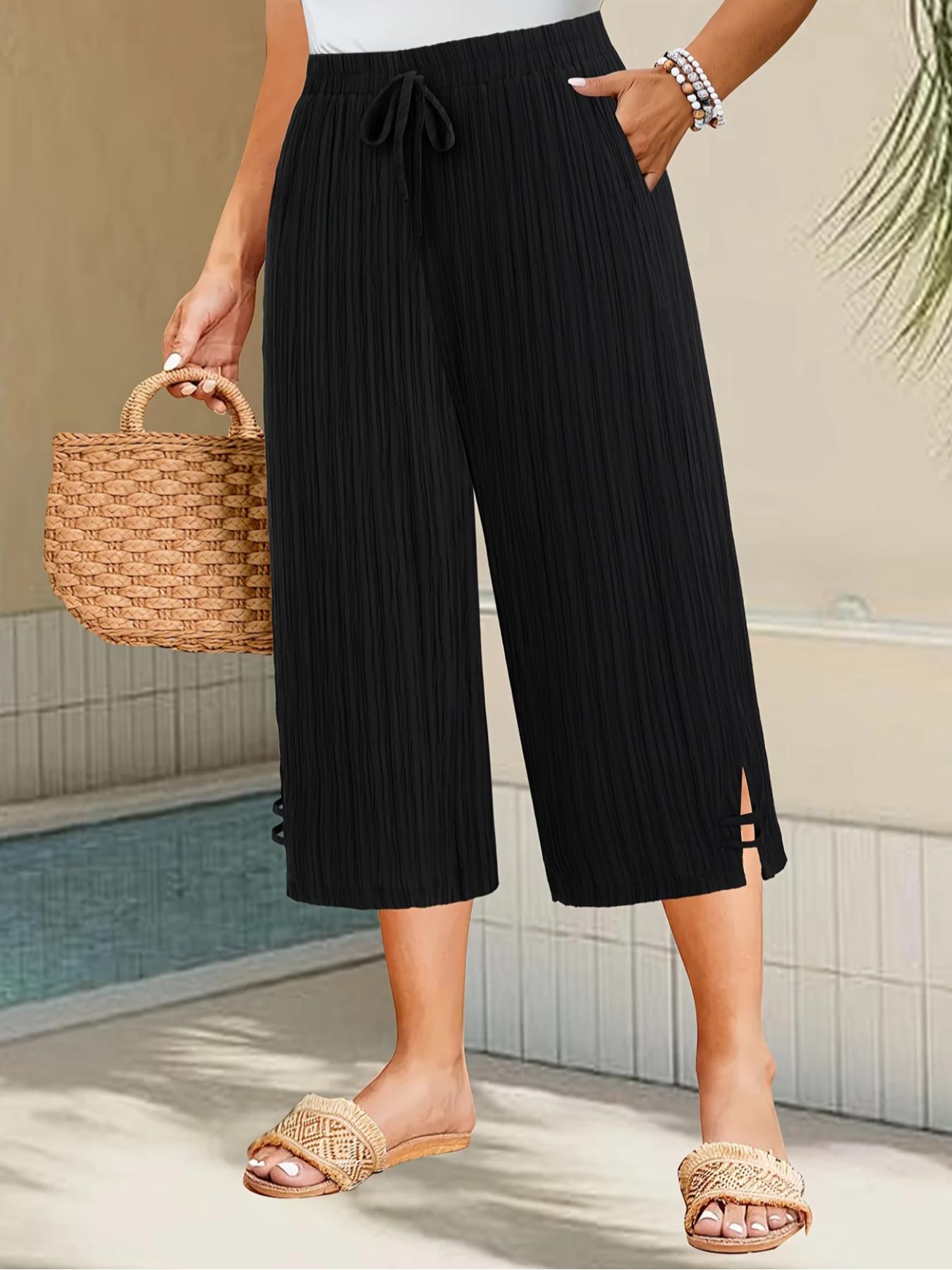 【Plus Size】 Solid Color Capri Pants, Casual Comfy Wide Leg Pants for Summer, Women's Bottoms for Daily Wear, Casual Chic Bottoms