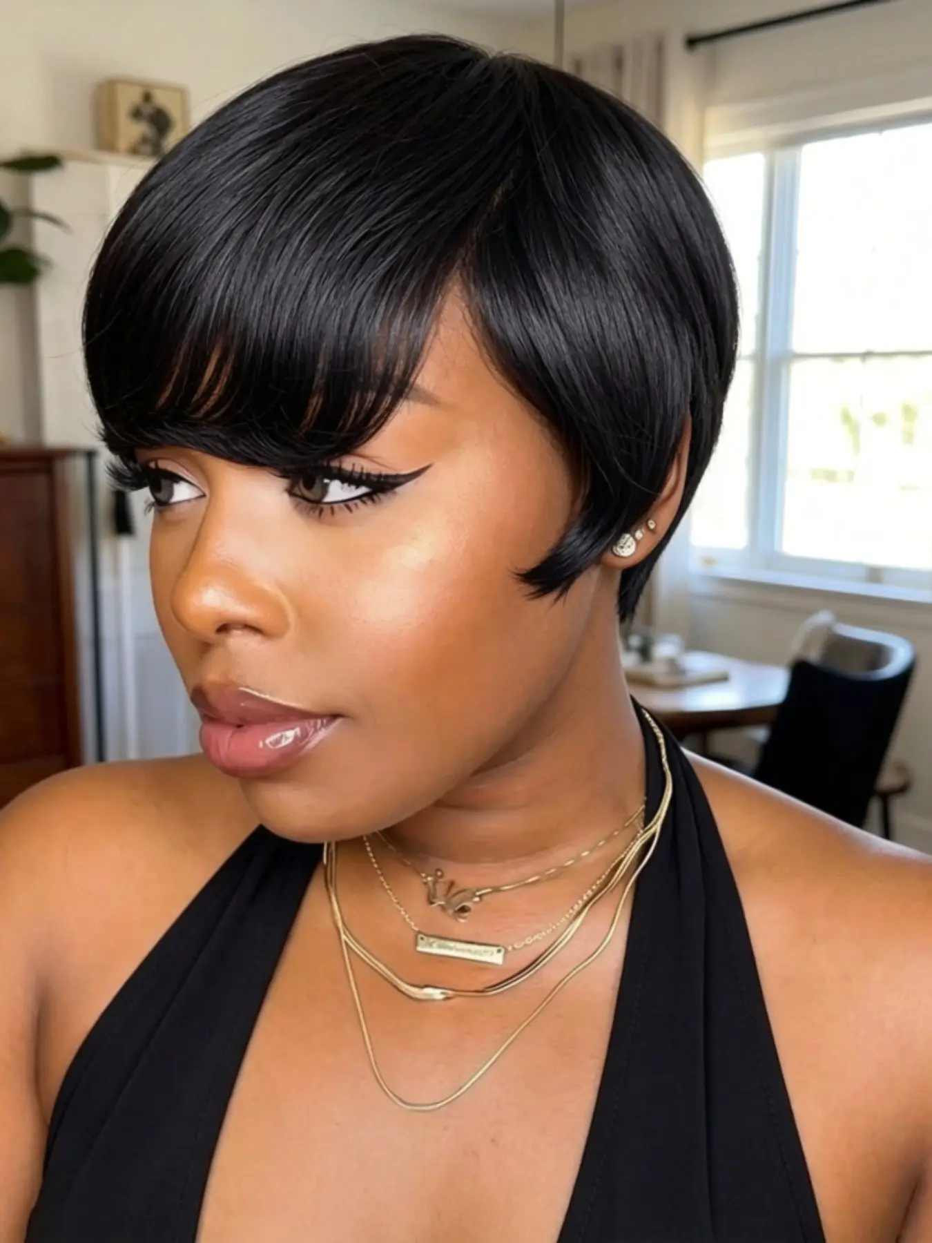 Full Machine Made Human Hair Short Pixie Straight Wig, Neat Bangs, Soft Wearable Wig, Ideal for Daily, Dating, Party Use