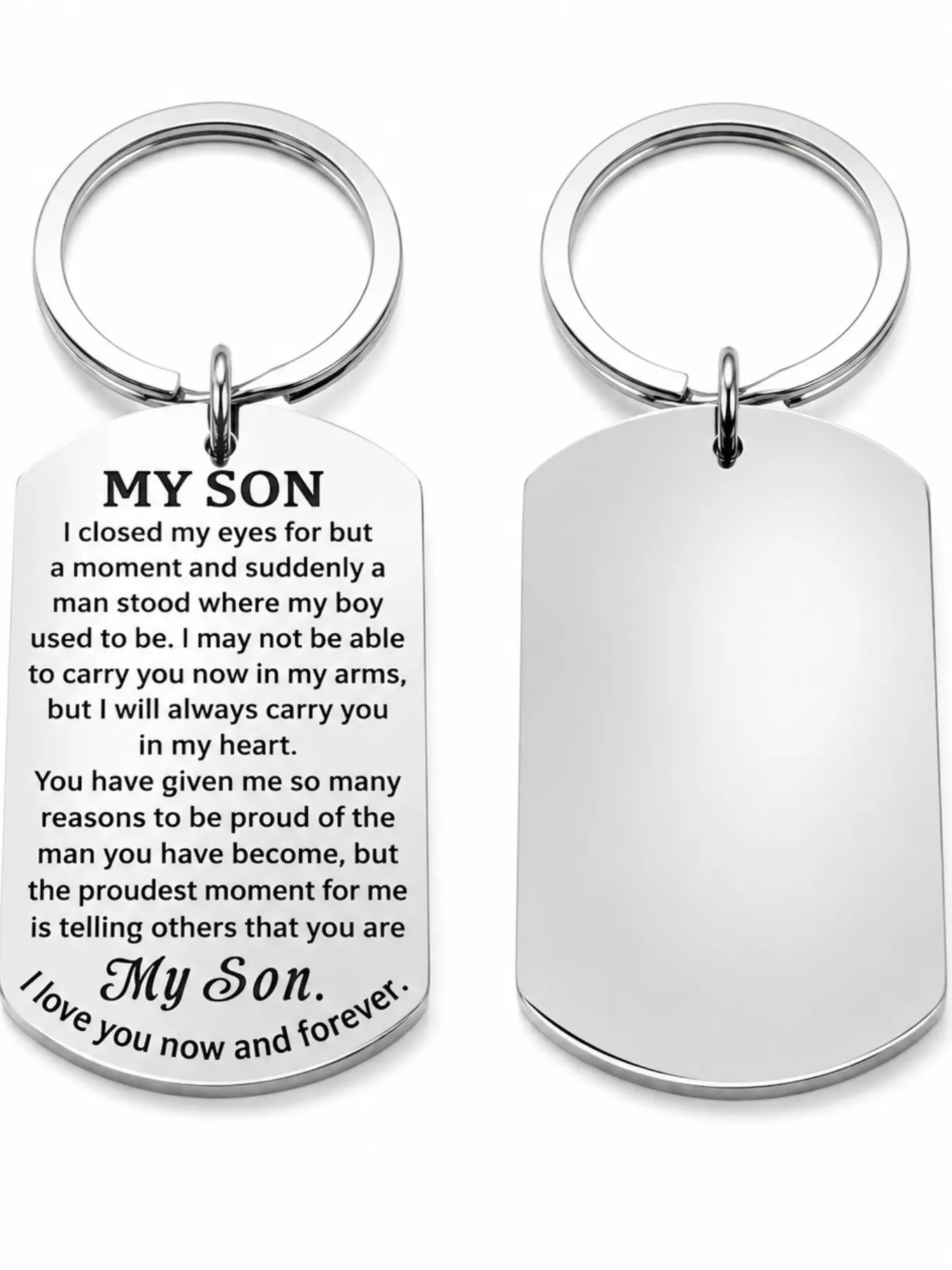 Stainless Steel Boho Silver Color Son Keychain Gift, Engraved Memorial Keepsake, Ideal for Birthday, Graduation, Christmas