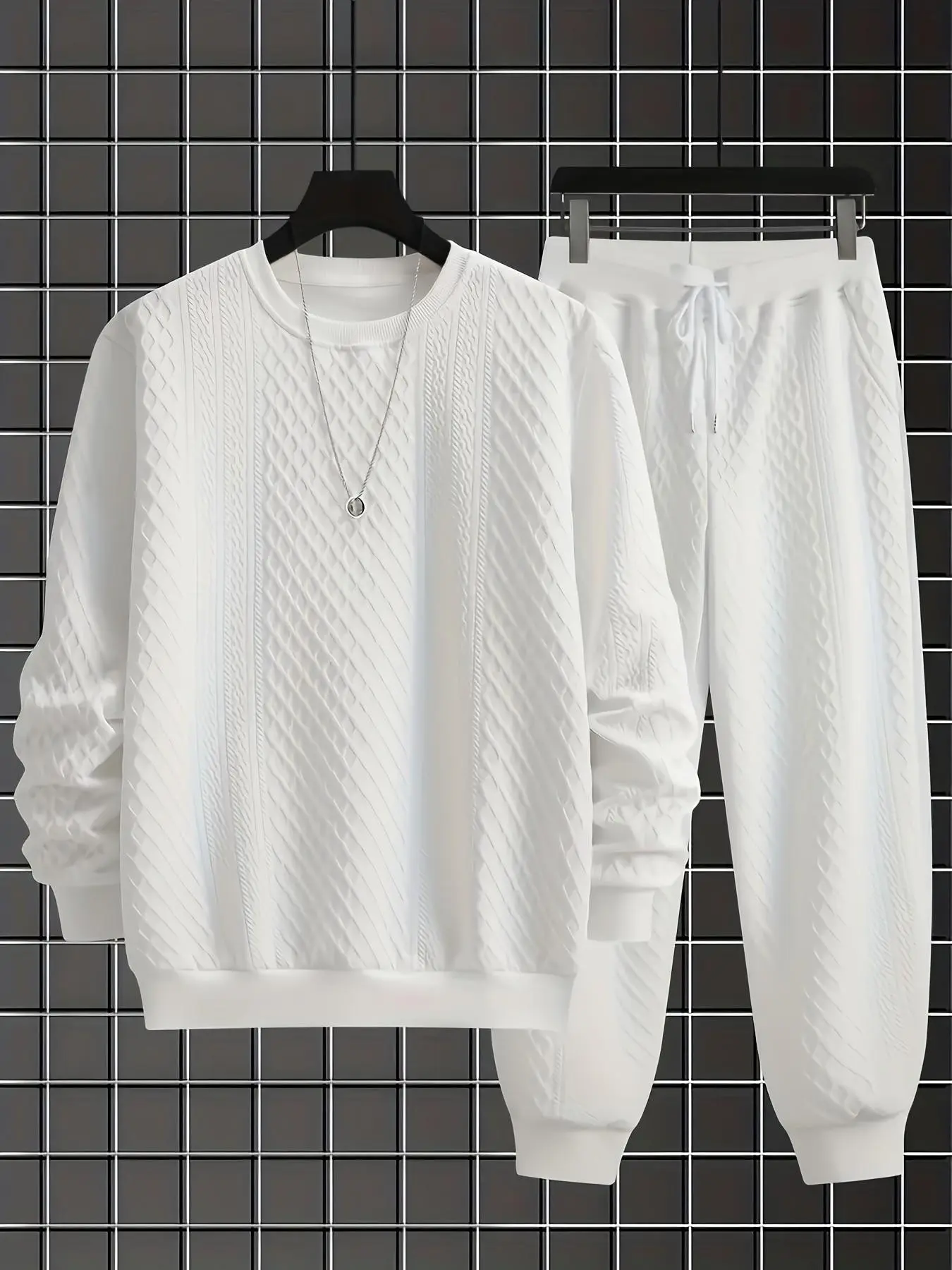Men's Rhombus Jacquard Casual Two-Piece Set, Round Neck Sweatshirt + Cuffed Sweatpants, Comfortable Versatile Home Sports