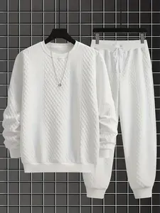 Men's Rhombus Jacquard Casual Two-Piece Set, Round Neck Sweatshirt + Cuffed Sweatpants, Comfortable Versatile Home Sports