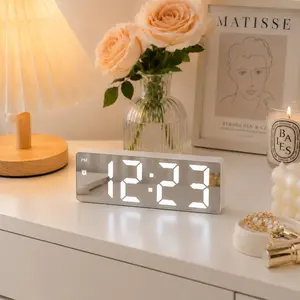 Sound Activated LED Mirror Alarm Clock, Modern Black Digital Desk Clock, Battery Operated, Multi-use Aesthetic Decor for Bedroom, Dorm & Home