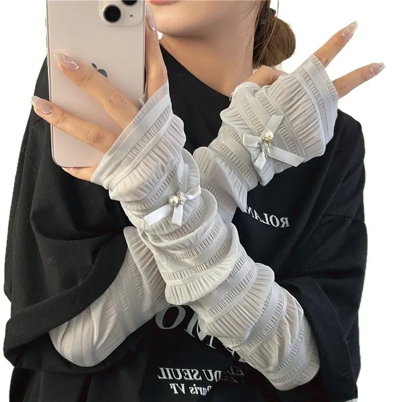 Iridescent Pearl Bow Sun Sleeves for Women, Cooling Ice Silk Fabric with UPF 50+ UV Protection, Fingerless Comfortable Stretch Fit