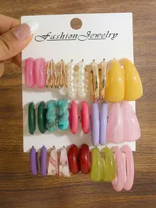 15 Pairs Gradient Resin C-Ring Earrings Set, Macaron Multicolor Pearl Metal Mix Ear Rings, Round Face Slimming Daily Commute Accessories