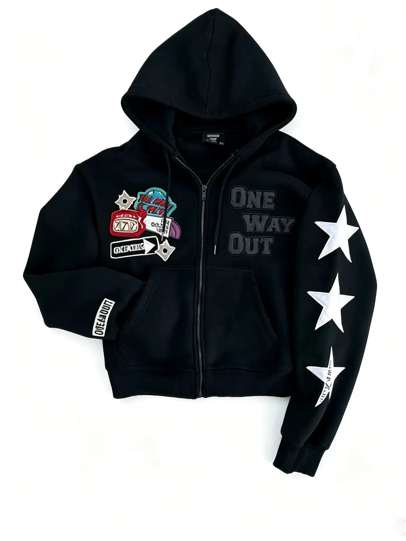 Men Multi Patch Embroidery Star Cropped Zip Up Hoodie ONE WAY OUT Letter Graphic Vintage Streetwear Black Hooded Jacket