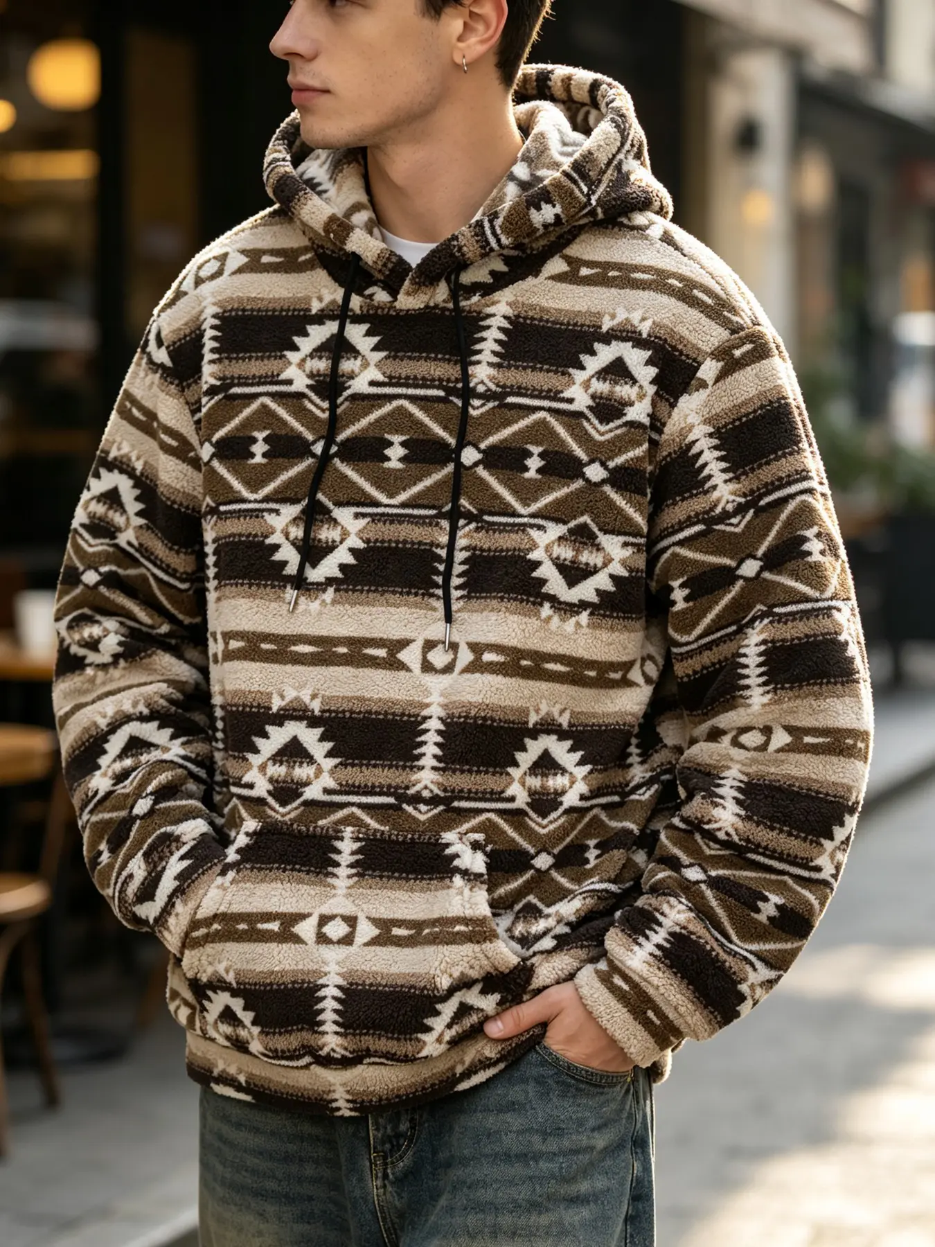 Men's Western Aztec Geometric Print Fleece Hoodie, Soft Plush Sherpa Pullover, Front Pocket, Casual Vintage Streetwear, Fall Winter Outwear