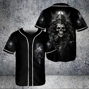 Dark Smoke Grim Reaper Skull Graphic Baseball Jersey, Black White Trim Button Up Short Sleeve Shirt, Unisex Gothic Streetwear Casual Top For Men Women#TikTokMadeMeBuyIt#GothicBaseballJersey#SkullStreetShirt#DarkGrimReaperTop