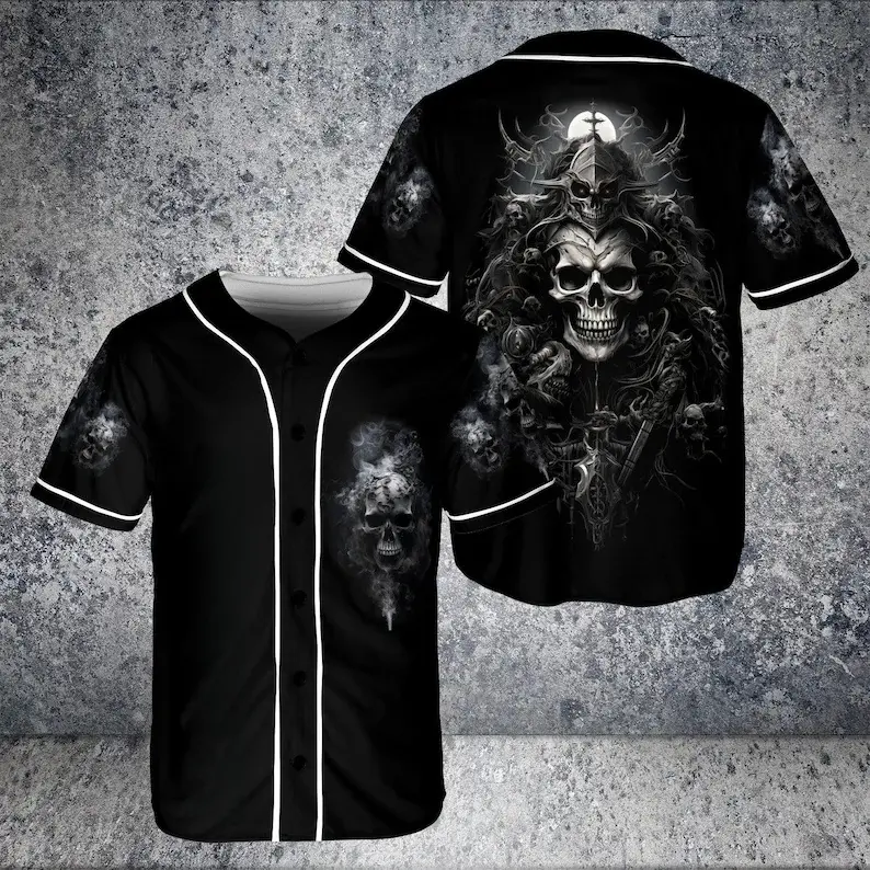Dark Smoke Grim Reaper Skull Graphic Baseball Jersey, Black White Trim Button Up Short Sleeve Shirt, Unisex Gothic Streetwear Casual Top For Men Women#TikTokMadeMeBuyIt#GothicBaseballJersey#SkullStreetShirt#DarkGrimReaperTop