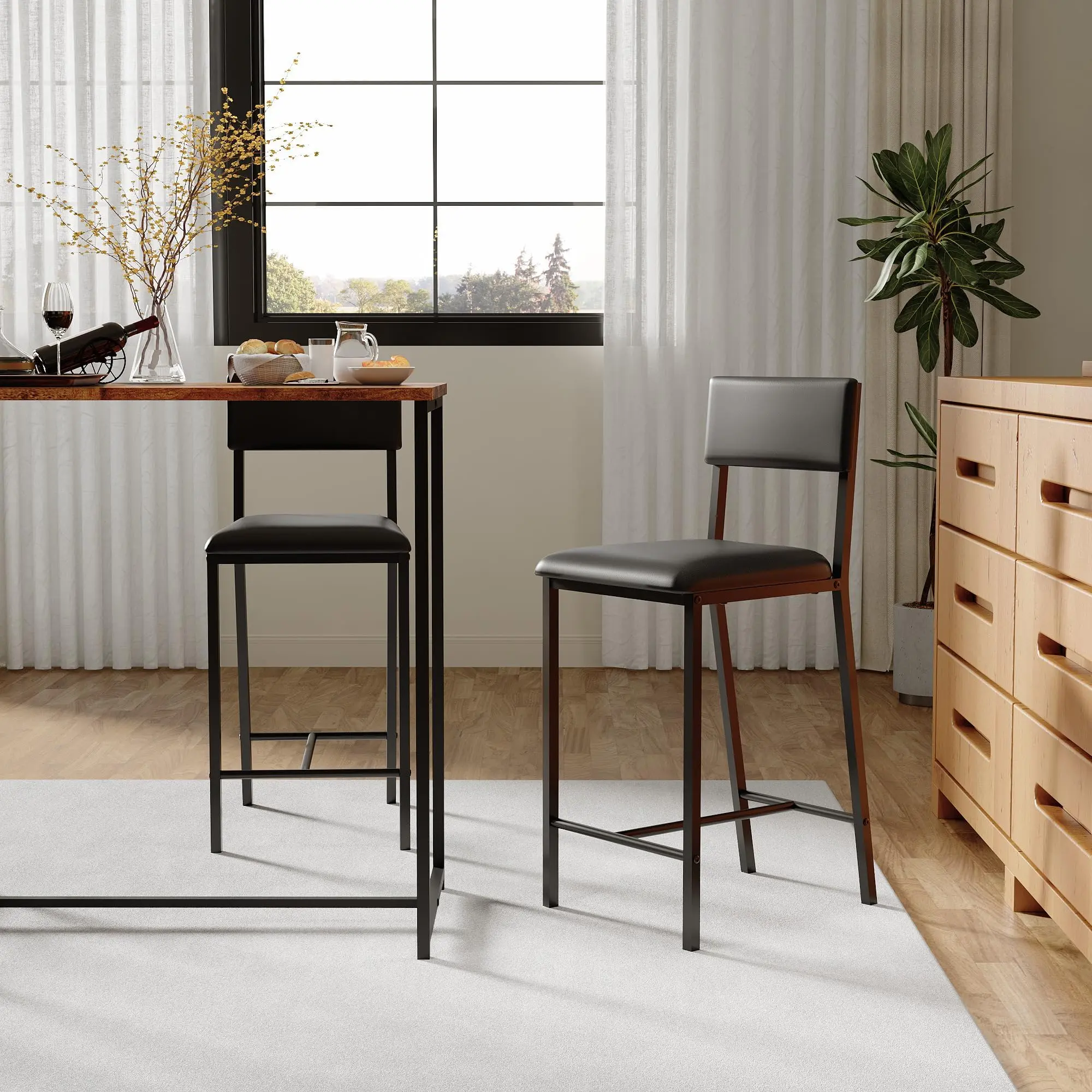 Set of 2 Upholstered PU Dining Chairs with Curved Backrest and 26IN Metal Legs, Modern Kitchen and Dining Room Chairs Featuring Sturdy H-Frame Support, 330lbs Capacity for Home and Bar Use