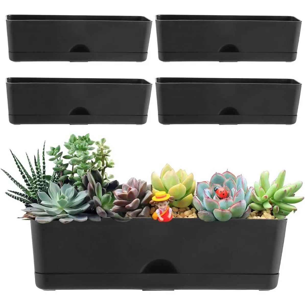 5 Pack Window Boxes Planters 16 Inches Rectangular Planter Herb Planter Boxes Large Plastic Flower Pots Rectangle Black Planter Outdoor and Indoor Succulent Window Sill Planter Self Watering Pots