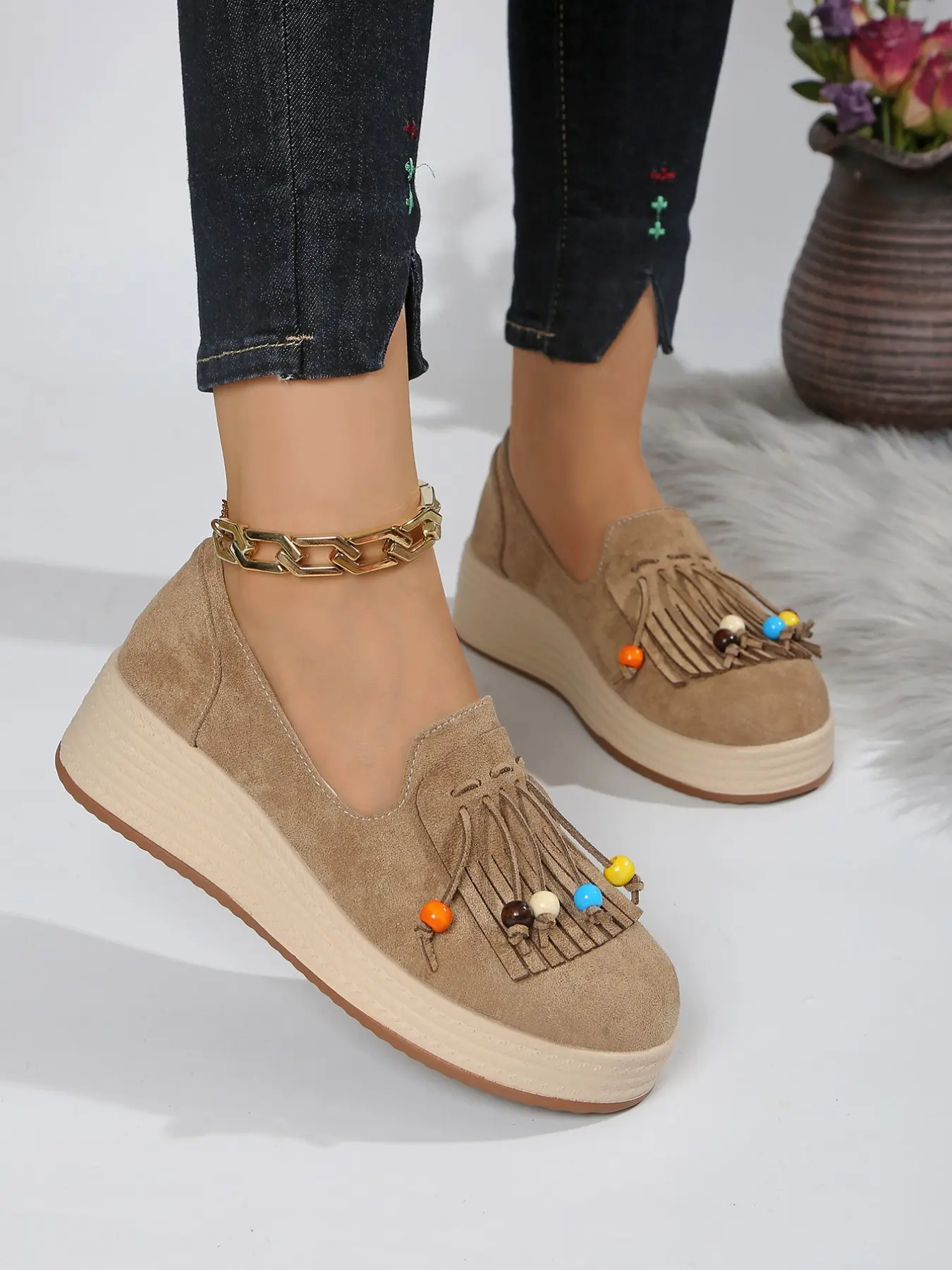 Spring Summer Matte Sandal Beaded Fringe Wedge Loafers Women, Lazy One-Step Thick Sole Bean Shoes, Ethnic Style Anti-Slip Comfortable Casual Footwear