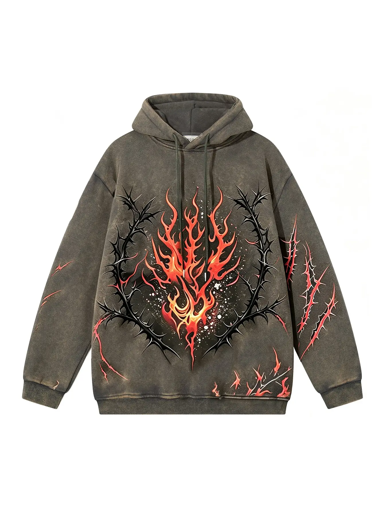 Men's Hooded Sweatshirt, Vintage Wash Tie-Dye Flame and Thorn Print, Fall Winter Fashion, Casual Streetwear, Trendy and Versatile